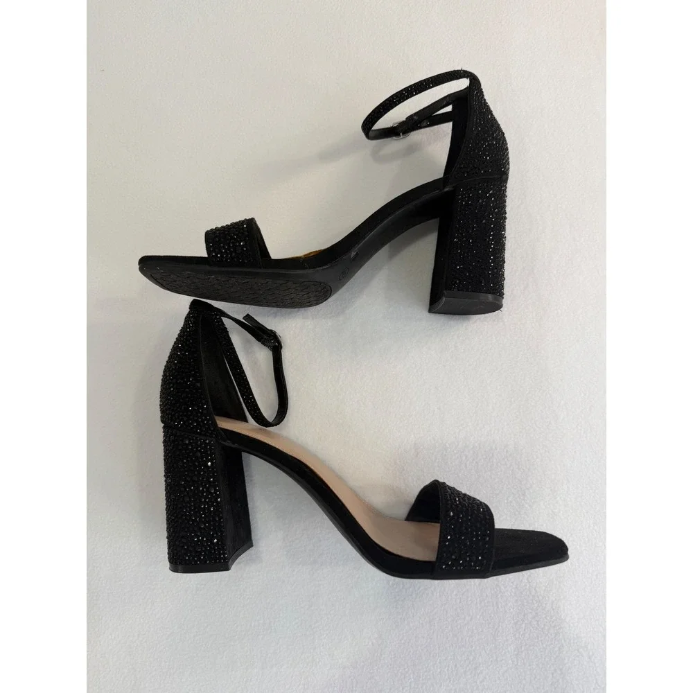 Kelly & Katie Block Heel Sandals SZ 10 Black Rhinestone Ankle Strap Formal Party